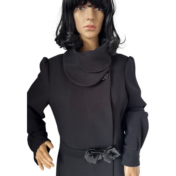 H&M Black dress coat rounded fold over collar with flower belt 12 - Picture 6 of 17